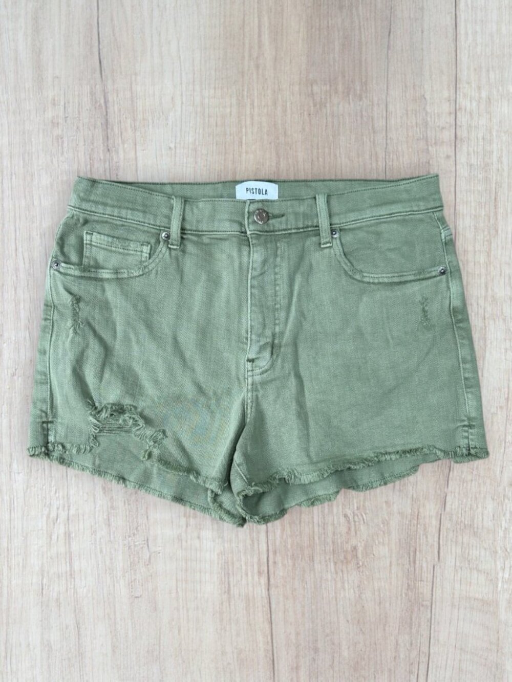 Pistola Olive Green Distressed Denim Shorts Raw Hem Stretch Summer Mid Rise 31